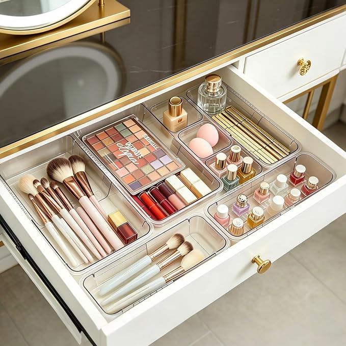 Extendable Drawer Organizer, 14pcs Bathroom & Vanity Drawer Organizes Tray, 3-size Clear Plastic Storage Bin for Makeup, Office Desk, Kitchen, Bedroom, Cabinet Drawer