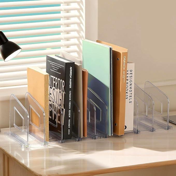 LALOBLUE File Organizer, Acrylic File Folder Organizer File Sorter, Plastic Vertical Book Dividers for Magazine Mail Letter Paper, Desktop Organizers for Office, Classroom & Home(4 Sections, 2 Pack)