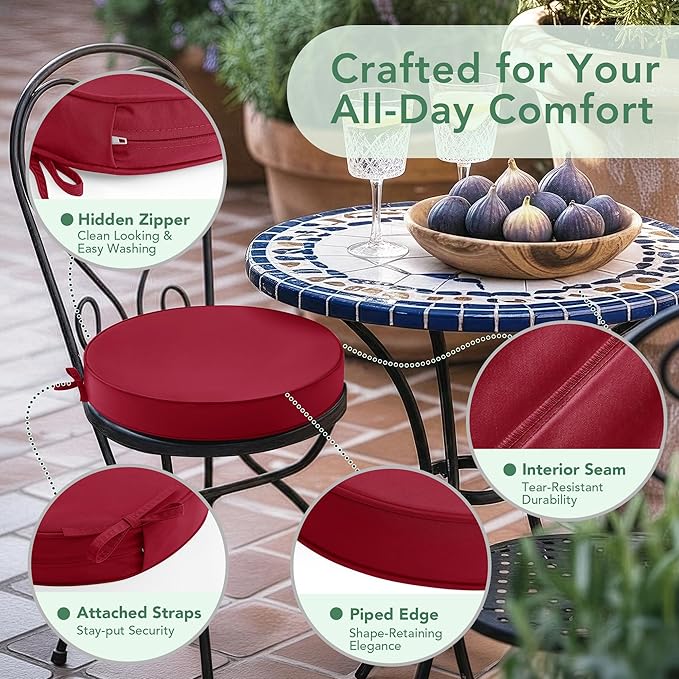 Summsun Outdoor Bistro Chair Cushions Set of 4, 15" D x 3" H Round Chair Cushions Waterproof and Fade Resistant Chair Cushion Pads with Non-Slip Ties and Removable Covers for Garden, Burgundy
