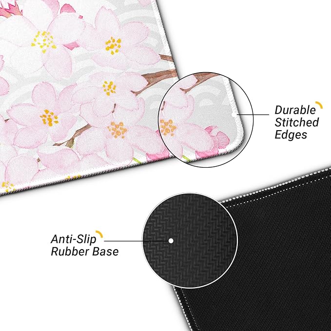 Gaming Mouse Pad with Anti-Slip Rubber Base, Extended Large Computer Mouse Mat with Stitched Edges, Long XL Anime Mousepad for Laptop and Keyboard, 31.5 x 11.8 inch (Grey Cherry Blossom)