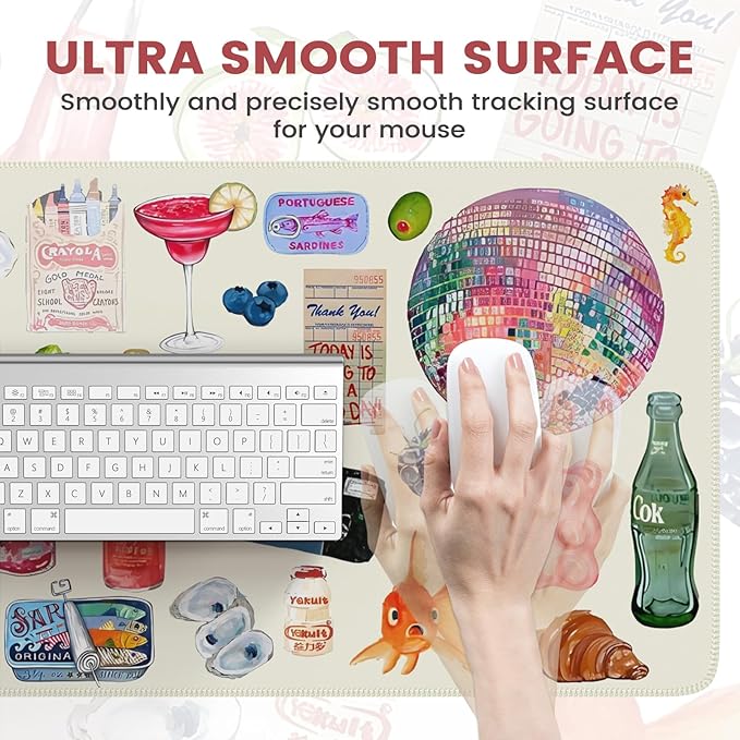 iCasso Cute Desk Mat, Large Waterproof Mouse Pad, Non-Slip Desk Protector for Keyboard and Mouse, Aesthetic Gaming Decor for Women, Home Office, Dorm (Watercolor Stickers)