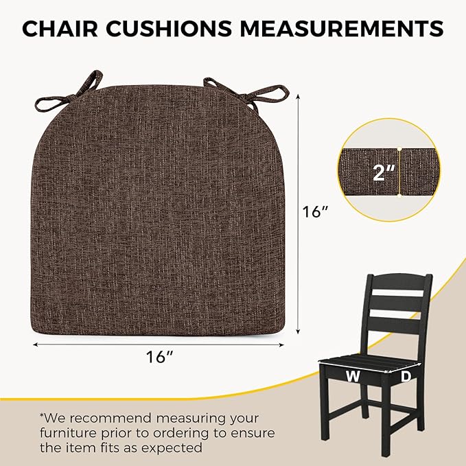 downluxe Indoor Chair Cushions for Dining Chairs, Soft and Comfortable Textured Foam Kitchen Chair Pads with Ties and Non-Slip Backing, 16" x 16" x 2", Brown, 6 Pack