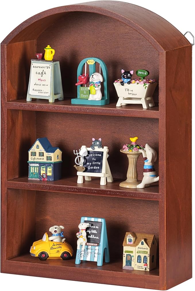 Arched Trinket Shelf, 9" x 13.5" Wooden Display Shelf for Wall or Desk, Vintage Shadow Box with Shelves for Collectibles, Mini Figures, Perfumes & Crystals - Rustic Brown