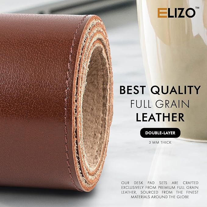 ELIZO Leather Desk Pad Real Leather Desk Mat Thick (3mm) Double Layer (31x15.6) Cover Blotter Desk Protector Large Computer Mat for Keyboard Mouse Pad Table Laptop Mat Office Accessories - Chestnut