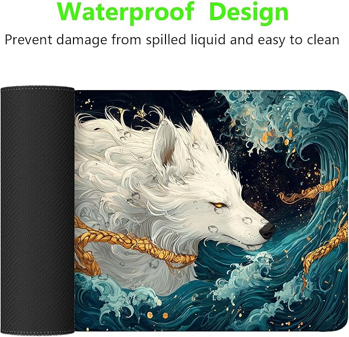 Japanese Mythology Gaming Mouse Pad Anime White Wolf Waves Fantasy Extended Gaming Mouse Pad Mat with Stitched Edge Non-Slip Base Big Size 31.5"x11.8" Office Computer Keyboard Laptop Home
