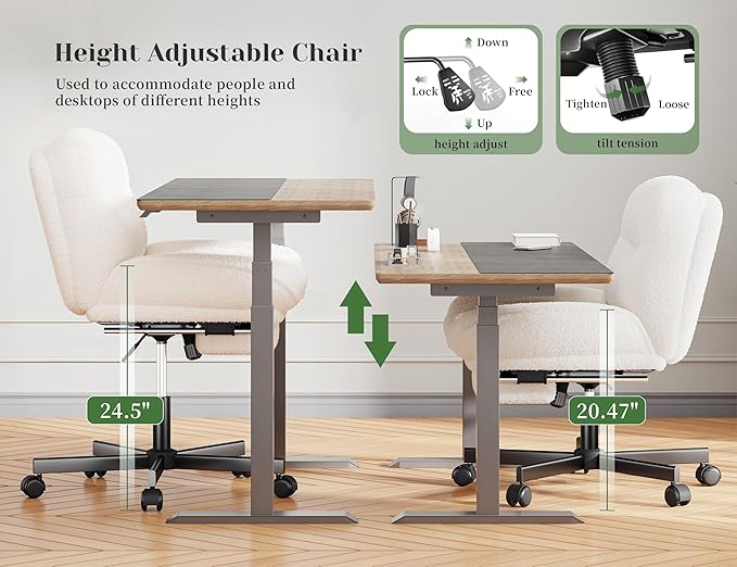 DurayLoly Cross Legged Office Chair with Foot Rest, 6.3" Thick Cushioned Criss Cross Chair with Wheels, Height Adjustable Swivel Vanity Chair for All-Day Comfort (White)