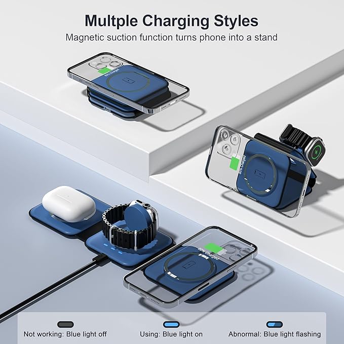 3 in 1 Charging Station for Multple Devices,Foldable 3 in 1 Wireless Charger for Travel,Nano Wireless Charging Station for iPhone16 15 14 13 12 Pro Max/Watch 10 9 8 7 6 5 4 3 Ultra/AirPod Pro