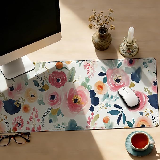 Large Gaming Mouse Pad Watercolor Floral Desk Mat,Non-Slip Rubber Base Stitched Edges,Extended Mousepad for PC,Laptop,Office,Home Decor(31.5 x 11.8 Inch)