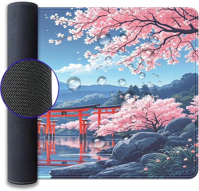 Cherry Blossom Large Mouse Pad Desk Pad, 27.5x11.8in Mount Fuji Keyboard Mouse Mat with Stitched Edges, Waterproof Non-Slip Rubber Base for Office Laptop Computer Home