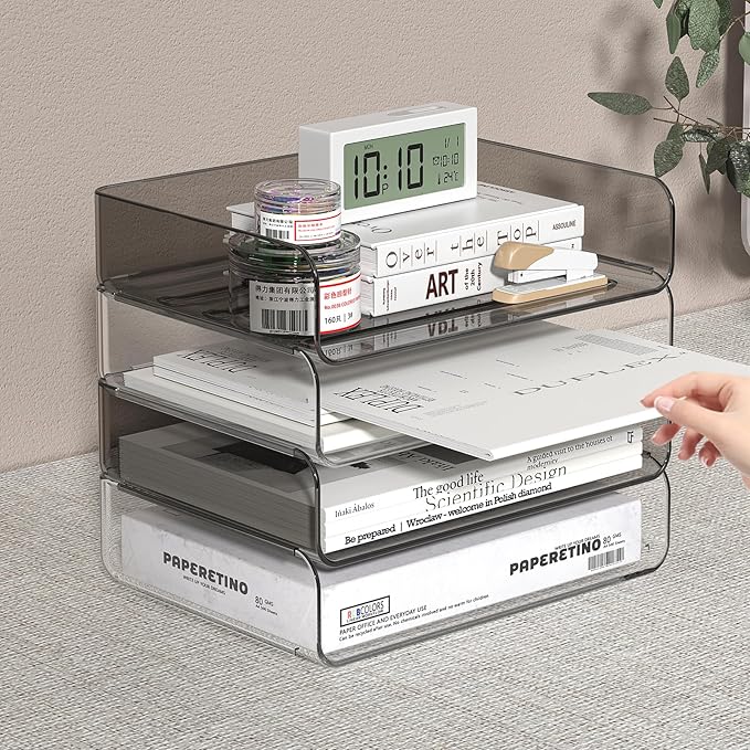 FANXIYQ 4-Tier Horizontal Acrylic Paper Tray Organizer | Clear Stackable Desk Organizer for Documents, Letters, A4 Paper | Modern Office/Classroom/Home Organization,Clear&Brown