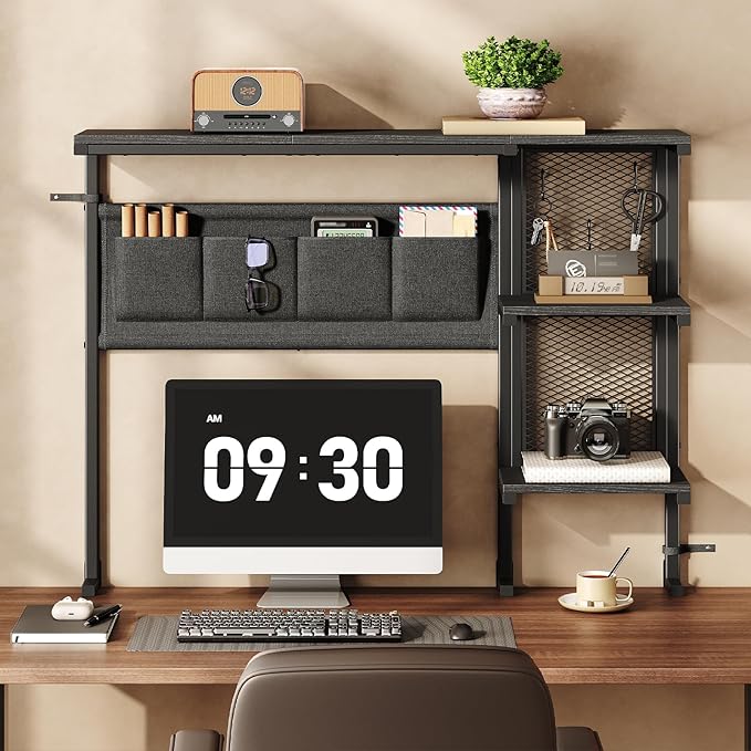 Clamp On Desk Shelf, 3-Tier Above Desk Extender with Pegboard & Hooks, Metal & Wooden Desktop Bookshelf & Organizer, Tabletop Storage Rack for Office Accessories, 38.3" W x 33" H, Black