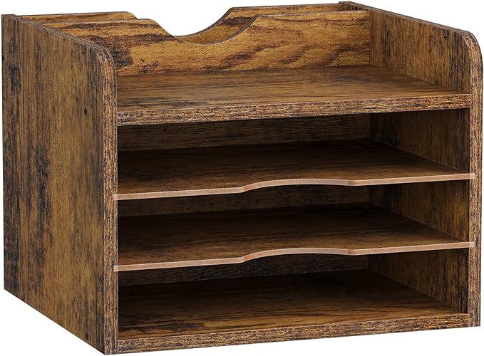 Snughome Vintage Wood File Organizer Desktop, 13.4’’ Document Letter Mail Tray Sorter with 3 Adjustable Shelves, Wooden Desktop Paper File Sorter Holder (Rustic Brown, 13.78’’L x 11.81’’W x 11.02’’H)