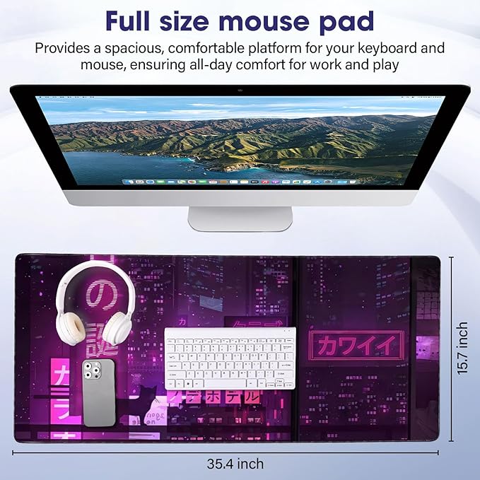 Japanese LifetimeWarrantly Large Extended Mouse Pad with Stitched Edges (35.4”x15.6”) - Waterproof Desk Mat, Non-Slip Rubber Base for All-Desk Coverage, Perfect for Gaming, Office, and Home