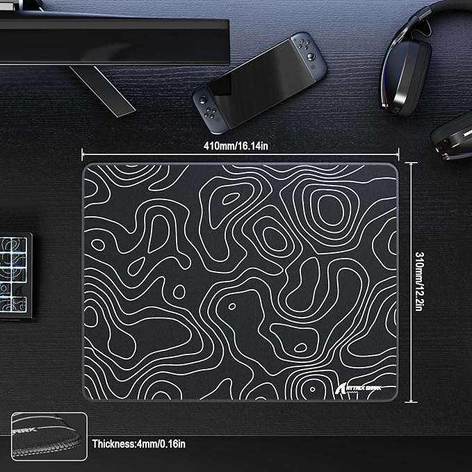 ATTACK SHARK CM02SE Gaming Mouse Pad for Esports Speed Mouse mats for Desk Waterproof Surface Stitched Edges and Anti-Slip Rubber Base Size Laminate 16.14” x 12.2” x 0.16” Black Contour