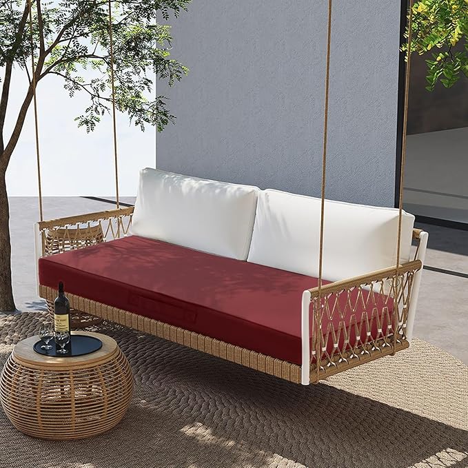Outdoor Bench Cushion Waterproof with Memory Foam,Patio Bench Cushions for Outdoor/Indoor Furniture Porch Swing Cushion with Handle and Adjustable Strap,Burgundy Red,48x18 Inch