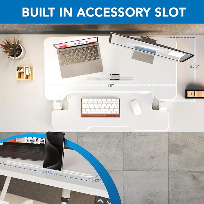 Mount-It! Electric Standing Desk Converter White 38 Inch Wide Tabletop, Stand up Desk Riser, Height Adjustable Sit Stand Desk, Fits Dual Monitors, Keyboard Tray, Device Slot, Monitor & Laptop