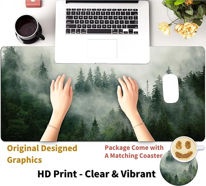 Forest Extended Large Mouse Pad with Stitched Edges, XXL Mouse Pad Large 31.5x15.7 Inch, Desk Mat Keyboard Pad Non Slip Base Gaming Mousepad Functional Desk Pad