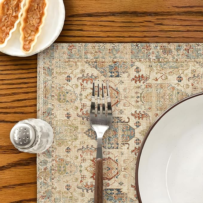 Boho Floral Beige Placemats Set of 4,Vintage Elegant Farmhouse Table Center Linen Decor,12x18 Inch Country Rustic Farmhouse Magical Fall Table Mats for Party Kitchen Dining Decoration