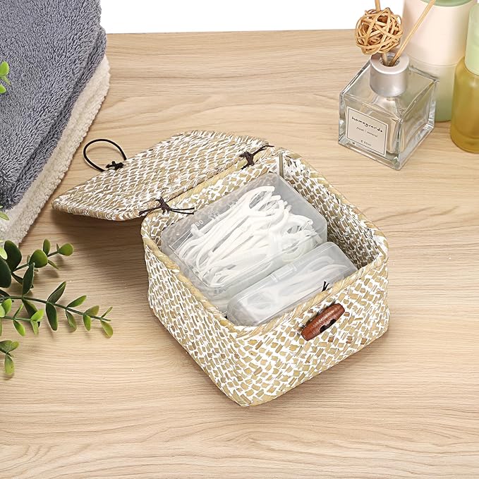 Hipiwe Handwoen Seagrass Basket with Lid Key Holder Box for Entry Decorative Mini Shelf Basket, Whitewash 3.5" x 3.5" x 2"