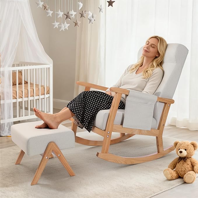 NOBLEMOOD Rocking Chair Indoor with Ottoman, Upholstered Rocking Chair with Lumbar Pillow, Side Pocket, High Back Solid Wood Frame Rocker with Footrest for Living Room