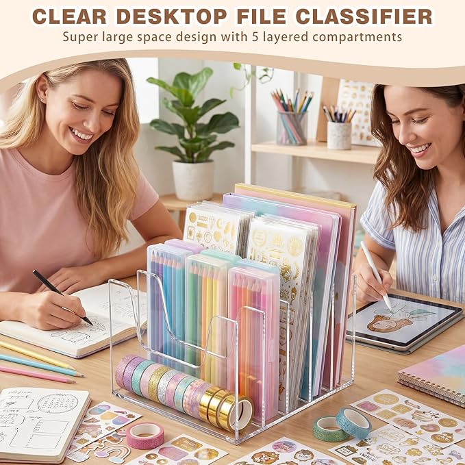 Wenqik Clear Acrylic Desktop File Organizer Vertical File Sorter 4mm Thick, Large Capacity Upright Magazine Organizer, Book Paper, Notebooks, Envelopes, Mail Holder(1 Pack,5 Section)
