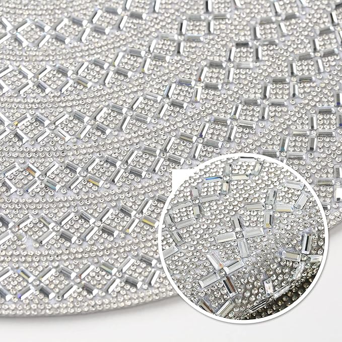 Round Placemat, Heat Resistant Table Place Mat for Dining Table 15 inch Anti-Slip Tablescapes Decorations Sparkling Bling Rhinestones Mat Silver Placemat (Silver-X-Pattern, 4PCS)