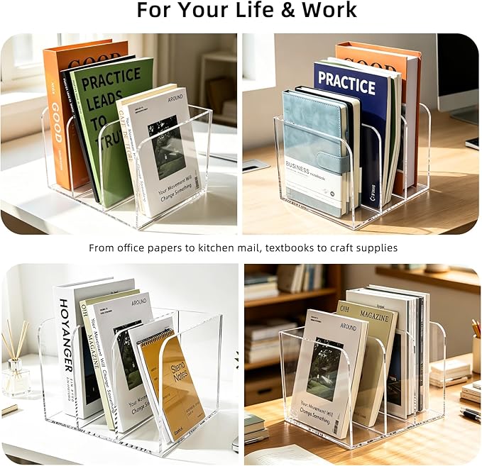 3-Slot Clear Acrylic Magazine File Holder – Vertical Desk Organizer for Books, Folders & Tablets, 8.97×7.48×6.69 Inches