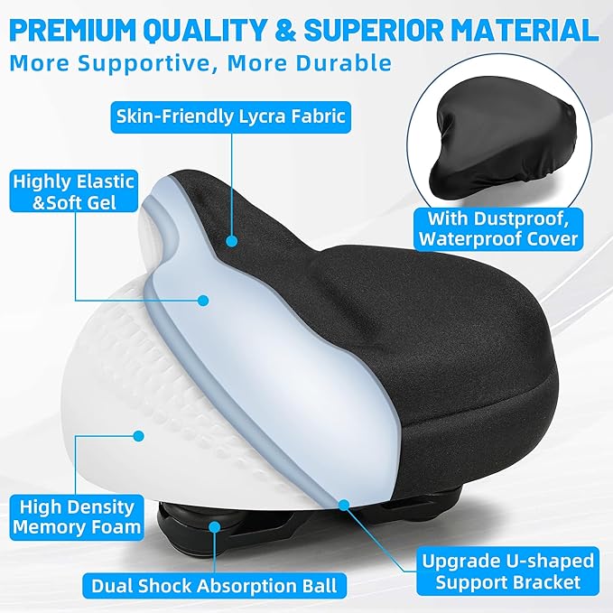 CDYWD Oversized Bike Seat for Men & Women, Comfortable Gel Padded, Extra Wide Bicycle Seat Cushion Comfort, Replacement Saddle for Peloton, Stationary Exercise Bike, Mountain Bike, Cruiser, City Bike