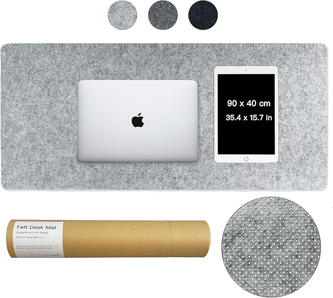 Large Felt Desk Mat, 35.4" x 15.7" Felt Desk Pad - Non-Slip Keyboard Mat & Mouse Pad for Office and Gaming, Water Resistant Desktop Protector for Computer, Home, Work (Light Gray)