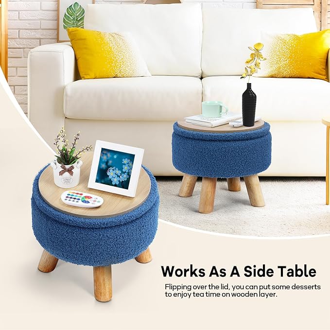 OGEMXU Ottoman Foot Rest, Small Round Ottoman with Storage, Boucle Teddy Velvet Footstool with Wood Legs, Soft Sponge Storage Ottoman for Living Room, Bedroom, Couch, Enterway (Dark Blue)