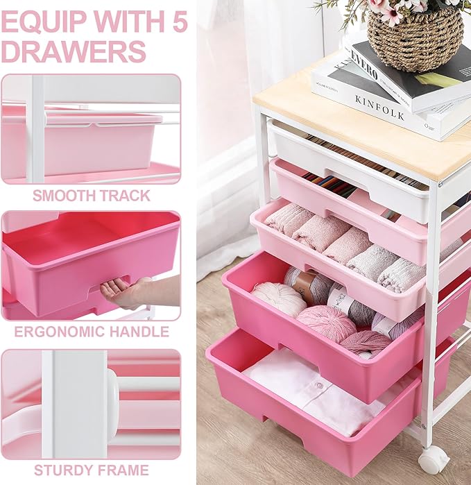 SYKIARIOL Utility Cart with 5 Drawers,Storage Drawer Cart with Wooden Tabletop and Lockable Wheels,Craft Storage Trolley Cart,5-Tier Rolling Utility Cart on Wheels,Rose Pink