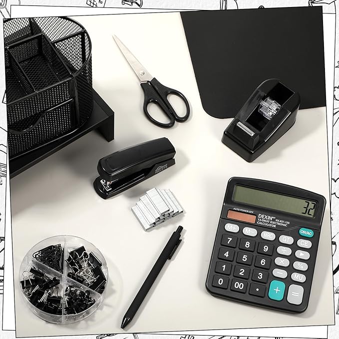 Glenmal 12 Pcs 12-in-1 Office Desk Organizer Accessories Set with Desk Pad Protector Computer Riser File Organizer Pen Holder Calculator Scissors Stapler Staples Folder Set Pens Tape Cutter