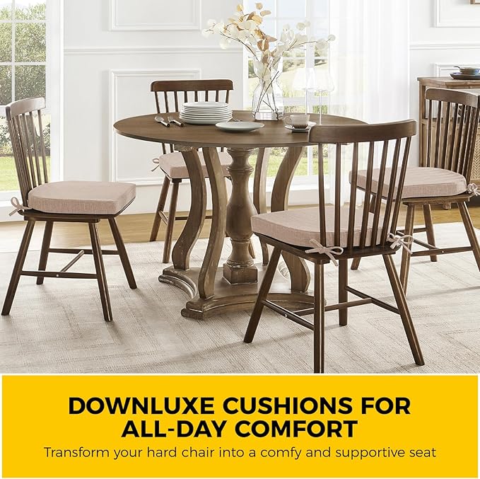 downluxe Indoor Chair Cushions for Dining Chairs,Kitchen Chair Pads with Ties and Non-Slip Backing, 16" x 16" x 2", Oatmeal Beige, 2 Pack