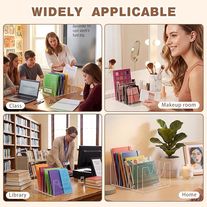 Wenqik Clear Acrylic Desktop File Organizer Vertical File Sorter 4mm Thick, Large Capacity Upright Magazine Organizer, Book Paper, Notebooks, Envelopes, Mail Holder(1 Pack,7 Section)