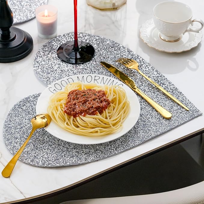 Glitter Heart Placemats Set of 4, Silver Heart Rhinestones 15 Inches Table Mat Decoration Placemat for Centerpiece Dining Table Valentines Day Family Frineds Birthday Gifts