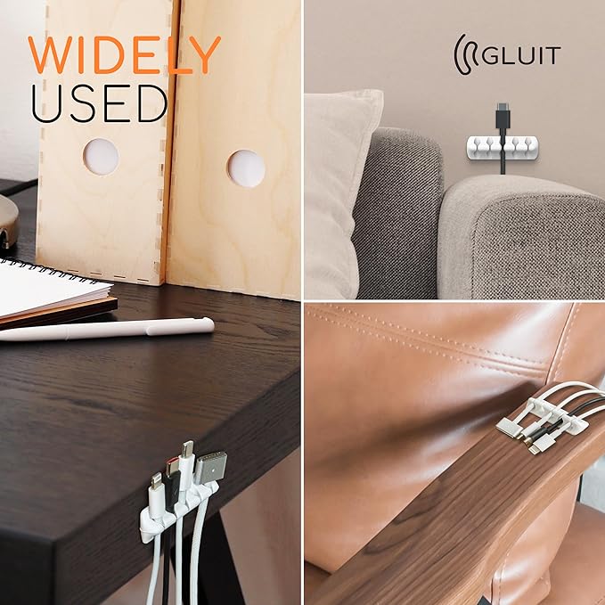 GLUIT Cord Organizer for Desk, Cable Holder for Nightstand, Charger Organizer, Adhesive Desktop Wire Clips, Multislot Cable Management, Table Organizer Accessories (White, 20 Pack)