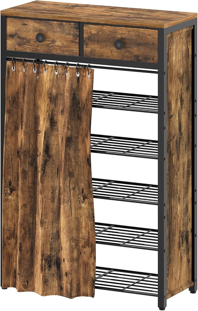 YATINEY 6-Tier Shoe Rack with 2 Non-Woven Drawers, Entryway Shoe Storage with Dust Cover, Metal Shoe Organizer, Space Saving Shoe Cabinet, for Entryway, Closet, Hallway, Rustic Brown and Black SS33BR
