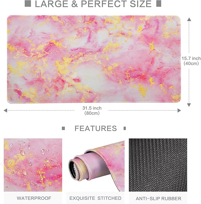 Lokigo Large Mouse Pad for Desk, Pink Desk Mat, Anti-Slip Waterproof Big Mousepad, Cute DeskMatt for Desktop, Keyboard Mat for Computer Desktop, Marble