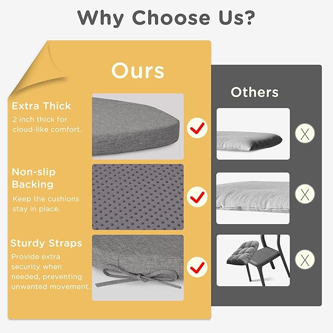 Windsor Chair Cushions for Dining Chairs 1 Pack Non Slip Kitchen Seat Cushion with Ties and Washable Covers Indoor Comfortable Seat Pad with Thick Foam 16.5" x 15.5" x 2" Light Grey