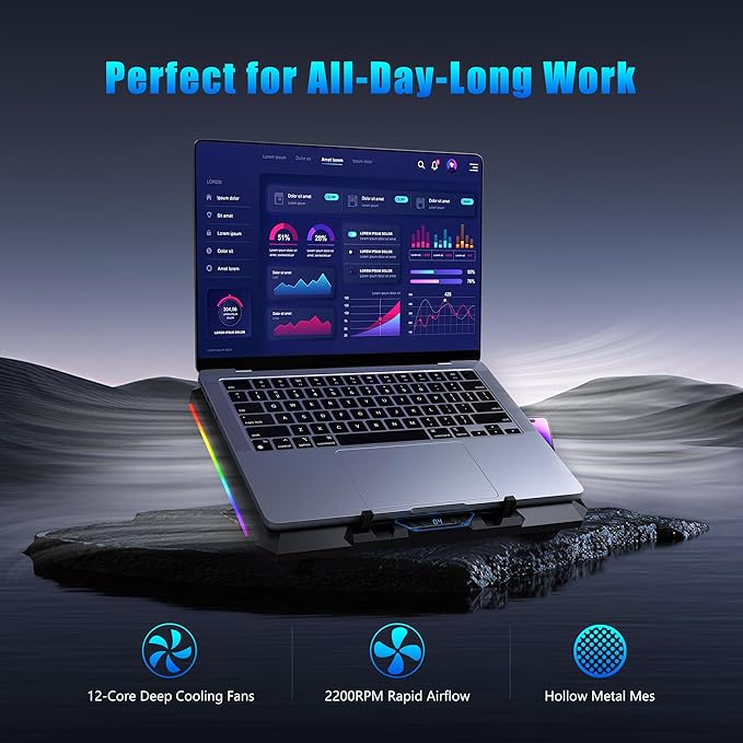 Laptop Cooling Pad with 12 Quiet Fans, Slim Portable for 12-17.3 Inch Laptop Cooler Stand, RGB Lighting, with 5 Height Adjustable, Gaming Cooling Fan Pad,Two USB Ports, Phone Holder (LCD)