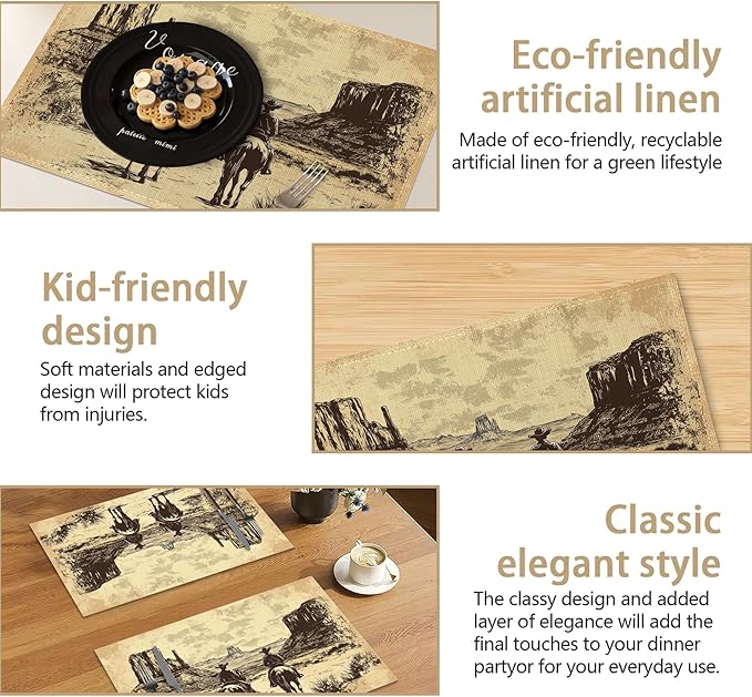 Vintage Western Cowboy Table Placemats Set of 6, Linen Placemats 12x18 Inch, Washable Non Slip Heat Resistant Mats for Dining Table Kitchen Indoor Use