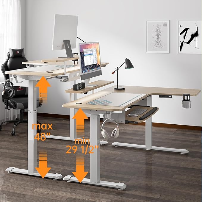 EUREKA ERGONOMIC Standing Desk Adjustable Height 61" Electric Sit Stand Computer Desk L Shaped with Keyboard Tray,Monitor Stand &LED, Dual Motor Memory Presets Sit to Desk Adjustable Desk, Right/Maple