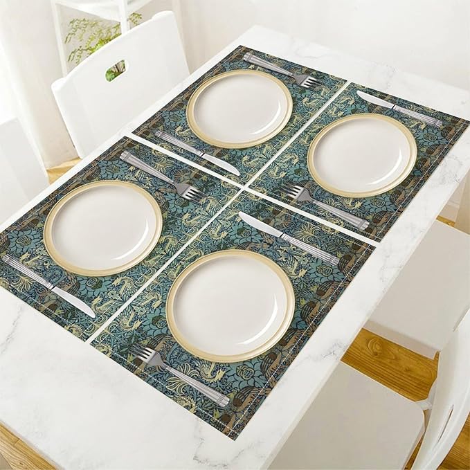 William Morris Bird Placemats Retro Bird Elegant Animal Pattern Linen Washable Table Mats Stain Heat-Resistant Desktop Decor Place Mats for Home Kitchen Dining Party 12x18 in 6 PCS