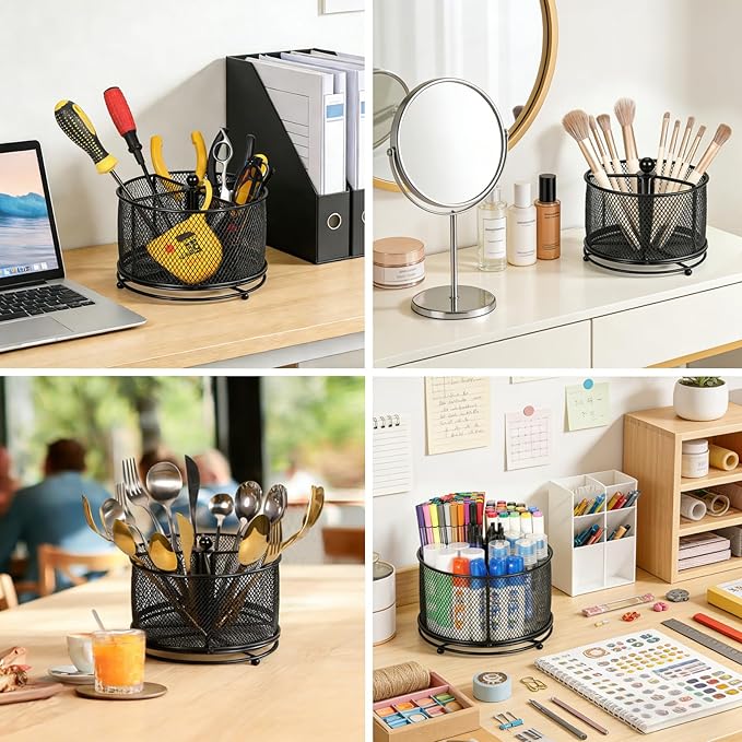 360°Rotating Desk Organizer, Pen Holder for Desk with 4 Compartments, Silverware Organizer for Kitchen Counter,Vanity Makeup Brush Stand, Multi-Functional Pencil Holder for Supplies