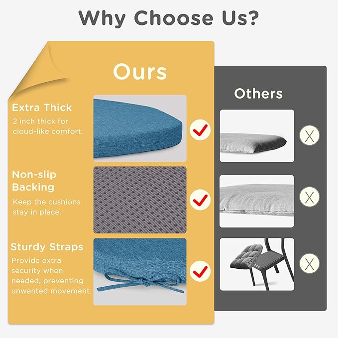 Windsor Chair Cushions for Dining Chairs 4 Pack Non Slip Kitchen Seat Cushion with Ties and Washable Covers Indoor Comfortable Seat Pad with Thick Foam 16.5" x 15.5" x 2" Blue