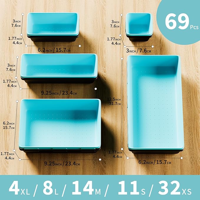 [5 Sizes] [69 PCS] Tool Drawer Organizer, Tool Box Desk Drawer Tray, Rolling Tool Chest, Toolbox Organizer (Black+ Sky Blue)