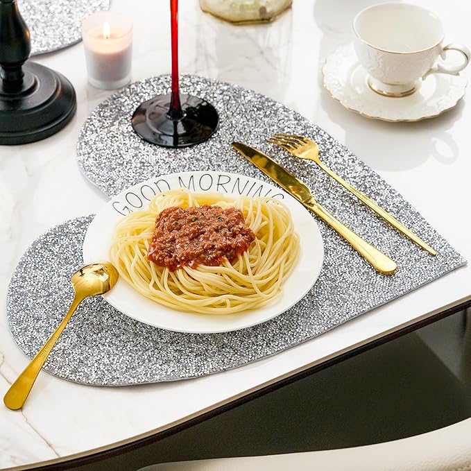 Placemat, Silver Heart Rhinestones 15 Inches Table Mat Decoration Placemat for Centerpiece Dining Table Love Home Family Together