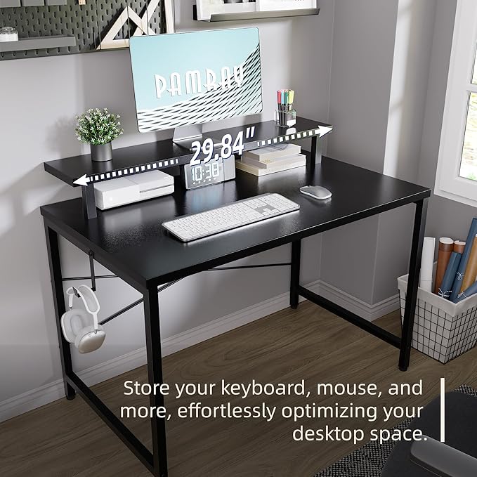 Pamray 32 Inch Small Computer Desk with Monitor Stand, Simple Office Desk with Headphone Hook for Small Spaces, Kids Study Writing Table for Bedroom, Vintage