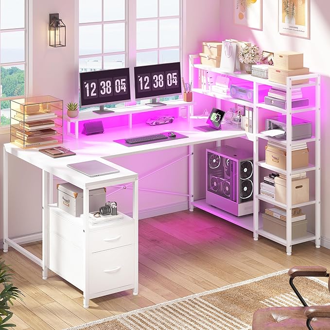 DurayLoly 63" L Shaped Desk with Monitor Stand & CPU Stand, Reversible Computer Desk with 6-Tier Shelves& 2 Fabric Drawers, Ergonomic Desk with Power Outlet & LED Lights for Home Office,White
