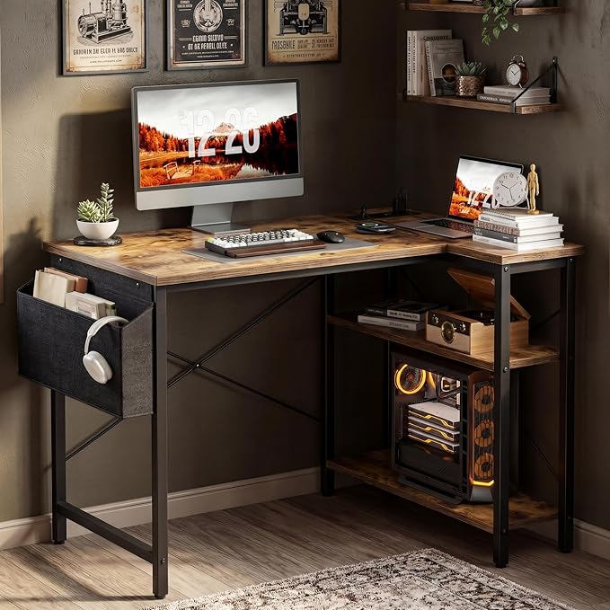 TIQLAB Small Computer Desk with Power Outlets, 40 Inch L Shaped Desk with Reversible Shelves, Gaming Desk Corner Desk Study Writing Desk for Home Office Bedroom Small Space, Rustic Brown